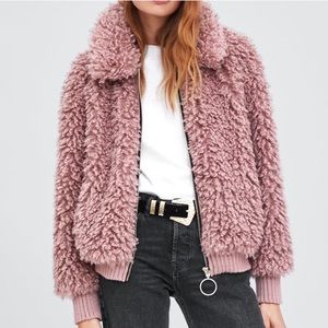 Zara Faux Shearling Pink Bomber Jacket